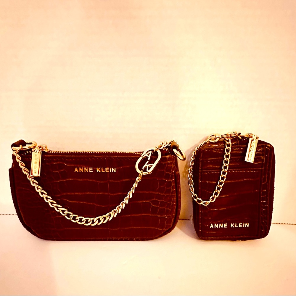 Anne Klein Bordeaux Red Croc-Embossed Women's Bag Set Clutch and Card Wallet
